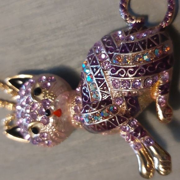 Betsey Johnson Purple Rhinestone Cat Brooch Pendant Necklace 26" - Picture 11 of 17